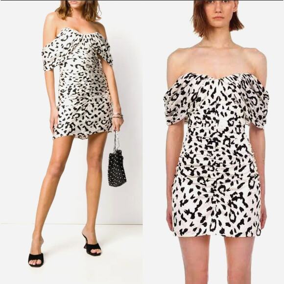 Self-Portrait 4 Off Shoulder Leopard Mini Dress Ruched Corset Black Cream XS - Picture 1 of 11